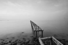 Broken Wood Bridge and Waves Crashing on Sea in Black and White Mode-nelzajamal-Photographic Print