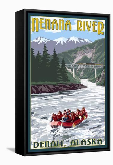 Nenana River, Alaska - River Rafters and Railroad-Lantern Press-Framed Stretched Canvas