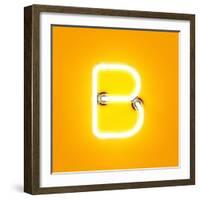 Neon Light Alphabet Character B Font. Neon Tube Letters Glow Effect on Orange Background. 3D Render-dencg-Framed Art Print