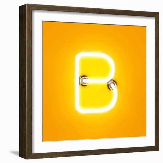 Neon Light Alphabet Character B Font. Neon Tube Letters Glow Effect on Orange Background. 3D Render-dencg-Framed Art Print