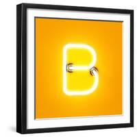 Neon Light Alphabet Character B Font. Neon Tube Letters Glow Effect on Orange Background. 3D Render-dencg-Framed Art Print