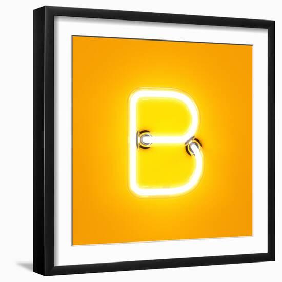 Neon Light Alphabet Character B Font. Neon Tube Letters Glow Effect on Orange Background. 3D Render-dencg-Framed Art Print