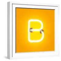 Neon Light Alphabet Character B Font. Neon Tube Letters Glow Effect on Orange Background. 3D Render-dencg-Framed Art Print