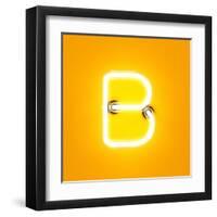 Neon Light Alphabet Character B Font. Neon Tube Letters Glow Effect on Orange Background. 3D Render-dencg-Framed Art Print