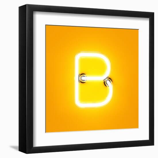 Neon Light Alphabet Character B Font. Neon Tube Letters Glow Effect on Orange Background. 3D Render-dencg-Framed Art Print