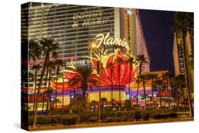 Neon Lights, Las Vegas Strip at Dusk with Flamingo Facade and Palm Trees, Las Vegas, Nevada, Usa-Eleanor Scriven-Stretched Canvas