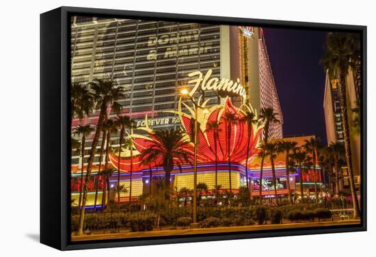 Neon Lights, Las Vegas Strip at Dusk with Flamingo Facade and Palm Trees, Las Vegas, Nevada, Usa-Eleanor Scriven-Framed Stretched Canvas