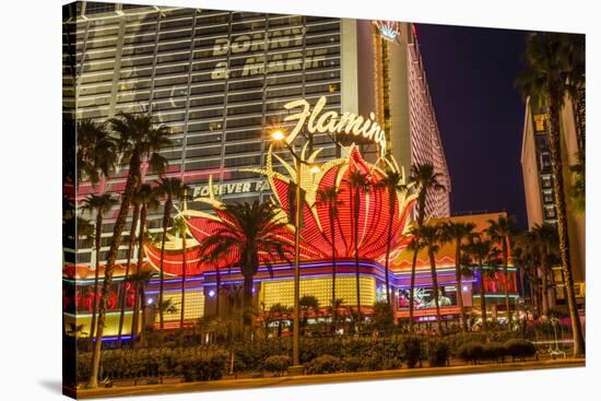 Neon Lights, Las Vegas Strip at Dusk with Flamingo Facade and Palm Trees, Las Vegas, Nevada, Usa-Eleanor Scriven-Stretched Canvas