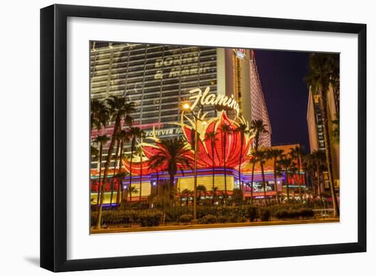 Neon Lights, Las Vegas Strip at Dusk with Flamingo Facade and Palm Trees, Las Vegas, Nevada, Usa-Eleanor Scriven-Framed Photographic Print