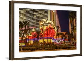 Neon Lights, Las Vegas Strip at Dusk with Flamingo Facade and Palm Trees, Las Vegas, Nevada, Usa-Eleanor Scriven-Framed Photographic Print