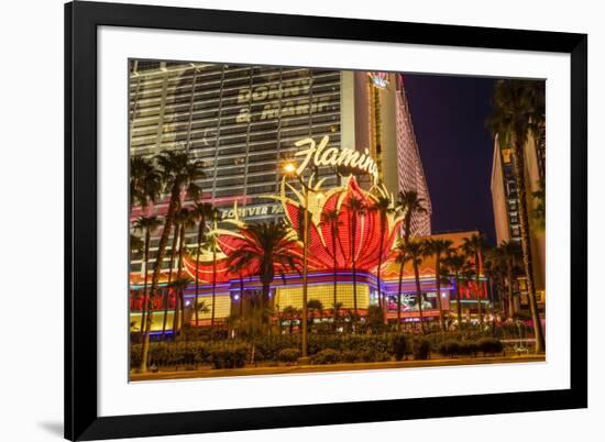 Neon Lights, Las Vegas Strip at Dusk with Flamingo Facade and Palm Trees, Las Vegas, Nevada, Usa-Eleanor Scriven-Framed Photographic Print