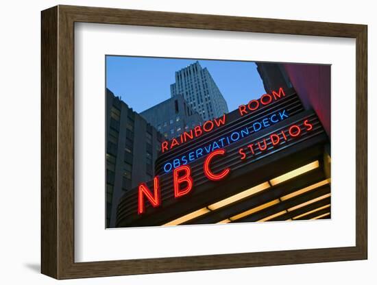 Neon lights of NBC Studios and Rainbow Room at Rockefeller Center, New York City, New York-null-Framed Photographic Print