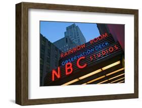 Neon lights of NBC Studios and Rainbow Room at Rockefeller Center, New York City, New York-null-Framed Photographic Print