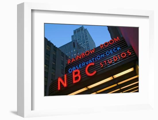 Neon lights of NBC Studios and Rainbow Room at Rockefeller Center, New York City, New York-null-Framed Photographic Print