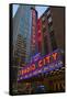 Neon lights of Radio City Music Hall at Rockefeller Center, New York City, New York-null-Framed Stretched Canvas