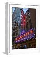 Neon lights of Radio City Music Hall at Rockefeller Center, New York City, New York-null-Framed Photographic Print