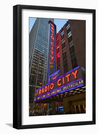 Neon lights of Radio City Music Hall at Rockefeller Center, New York City, New York-null-Framed Premium Photographic Print