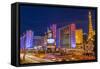 Neon Lights on Las Vegas Strip at Dusk with Car Headlights Leaving Streaks of Light-Eleanor Scriven-Framed Stretched Canvas