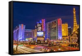 Neon Lights on Las Vegas Strip at Dusk with Car Headlights Leaving Streaks of Light-Eleanor Scriven-Framed Stretched Canvas