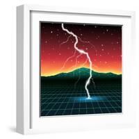 Neon New Retro Wave Landscape with Lightning-Swill Klitch-Framed Art Print