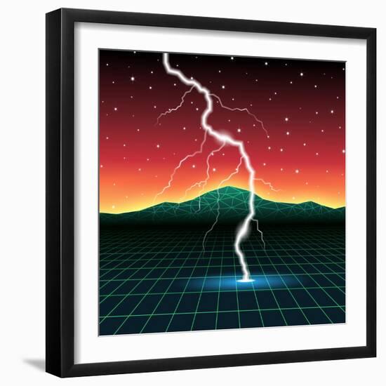 Neon New Retro Wave Landscape with Lightning-Swill Klitch-Framed Art Print