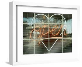 Neon 'Open' sign framed in a heart-shape in a window-null-Framed Photographic Print