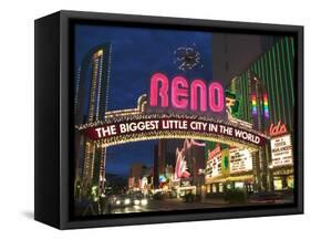 Neon Reno Sign on North Virginia Street, Nevada, USA-Walter Bibikow-Framed Stretched Canvas