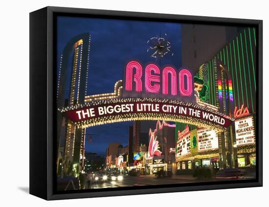 Neon Reno Sign on North Virginia Street, Nevada, USA-Walter Bibikow-Framed Stretched Canvas
