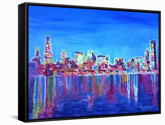 Neon Shimmering Skyline of Chicago Skyline at Night-Martina Bleichner-Framed Stretched Canvas