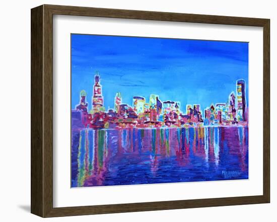 Neon Shimmering Skyline of Chicago Skyline at Night-Martina Bleichner-Framed Art Print