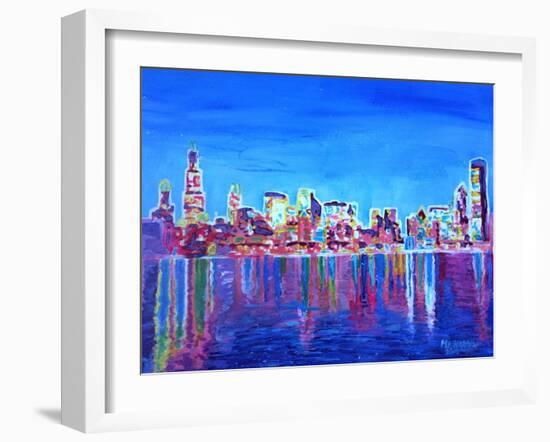 Neon Shimmering Skyline of Chicago Skyline at Night-Martina Bleichner-Framed Art Print