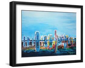 Neon Shimmering Skyline Silhouette, Miami, Florida-Martina Bleichner-Framed Art Print