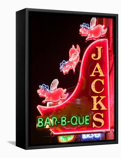 Neon Sign for Jack's BBQ Restaurant, Lower Broadway Area, Nashville, Tennessee, USA-Walter Bibikow-Framed Stretched Canvas