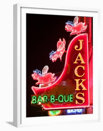 Neon Sign for Jack's BBQ Restaurant, Lower Broadway Area, Nashville, Tennessee, USA-Walter Bibikow-Framed Premium Photographic Print