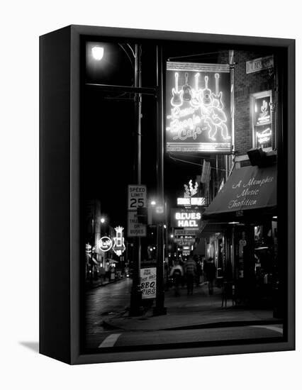 Neon sign lit up at night in a city, Rum Boogie Cafe, Beale Street, Memphis, Shelby County, Tenn...-null-Framed Stretched Canvas