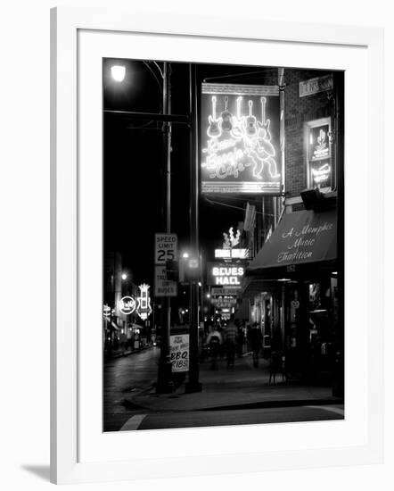 Neon sign lit up at night in a city, Rum Boogie Cafe, Beale Street, Memphis, Shelby County, Tenn...-null-Framed Photographic Print