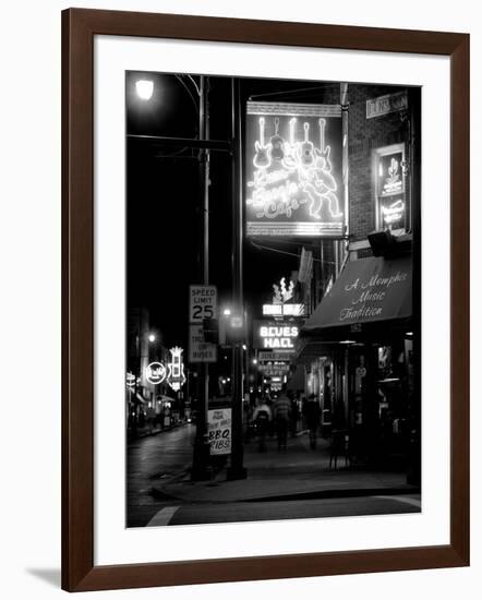 Neon sign lit up at night in a city, Rum Boogie Cafe, Beale Street, Memphis, Shelby County, Tenn...-null-Framed Photographic Print