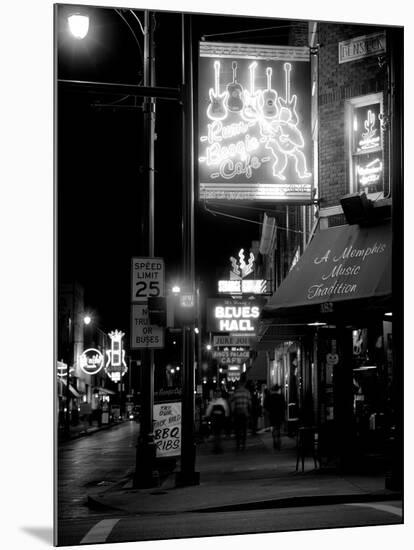 Neon sign lit up at night in a city, Rum Boogie Cafe, Beale Street, Memphis, Shelby County, Tenn...-null-Mounted Photographic Print