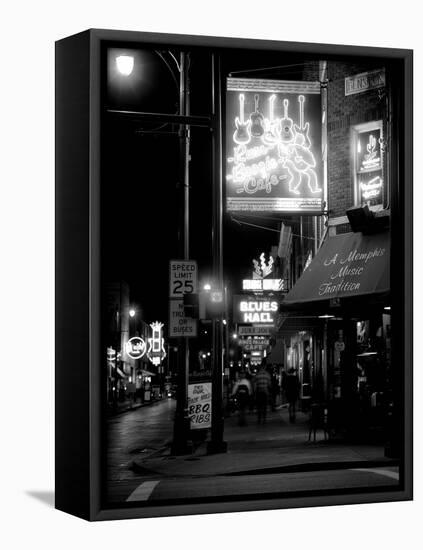 Neon sign lit up at night in a city, Rum Boogie Cafe, Beale Street, Memphis, Shelby County, Tenn...-null-Framed Stretched Canvas