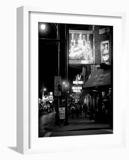 Neon sign lit up at night in a city, Rum Boogie Cafe, Beale Street, Memphis, Shelby County, Tenn...-null-Framed Photographic Print