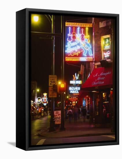 Neon Sign Lit Up at Night in a City, Rum Boogie Cafe, Beale Street, Memphis, Shelby County-null-Framed Stretched Canvas