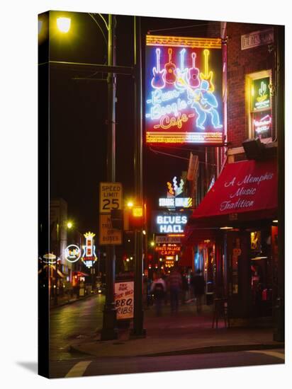 Neon Sign Lit Up at Night in a City, Rum Boogie Cafe, Beale Street, Memphis, Shelby County-null-Stretched Canvas