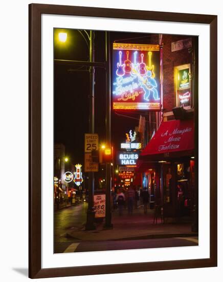 Neon Sign Lit Up at Night in a City, Rum Boogie Cafe, Beale Street, Memphis, Shelby County-null-Framed Photographic Print