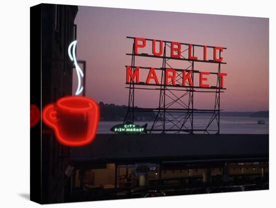 Neon Sign of Coffee Cup at Pike Place Market, Seattle, Washington, USA-Connie Ricca-Stretched Canvas