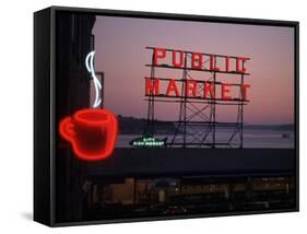 Neon Sign of Coffee Cup at Pike Place Market, Seattle, Washington, USA-Connie Ricca-Framed Stretched Canvas