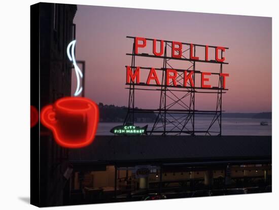 Neon Sign of Coffee Cup at Pike Place Market, Seattle, Washington, USA-Connie Ricca-Stretched Canvas