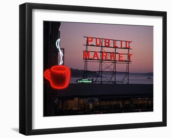 Neon Sign of Coffee Cup at Pike Place Market, Seattle, Washington, USA-Connie Ricca-Framed Premium Photographic Print