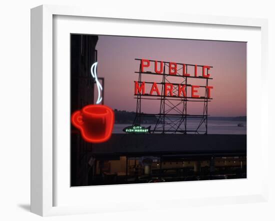 Neon Sign of Coffee Cup at Pike Place Market, Seattle, Washington, USA-Connie Ricca-Framed Premium Photographic Print