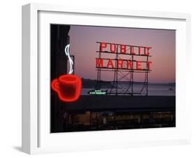 Neon Sign of Coffee Cup at Pike Place Market, Seattle, Washington, USA-Connie Ricca-Framed Premium Photographic Print