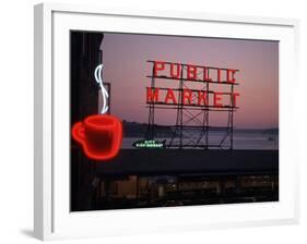 Neon Sign of Coffee Cup at Pike Place Market, Seattle, Washington, USA-Connie Ricca-Framed Photographic Print